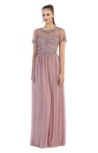 May Queen - Rq7401 Shimmering Short Sleeve Illusion Evening Gown