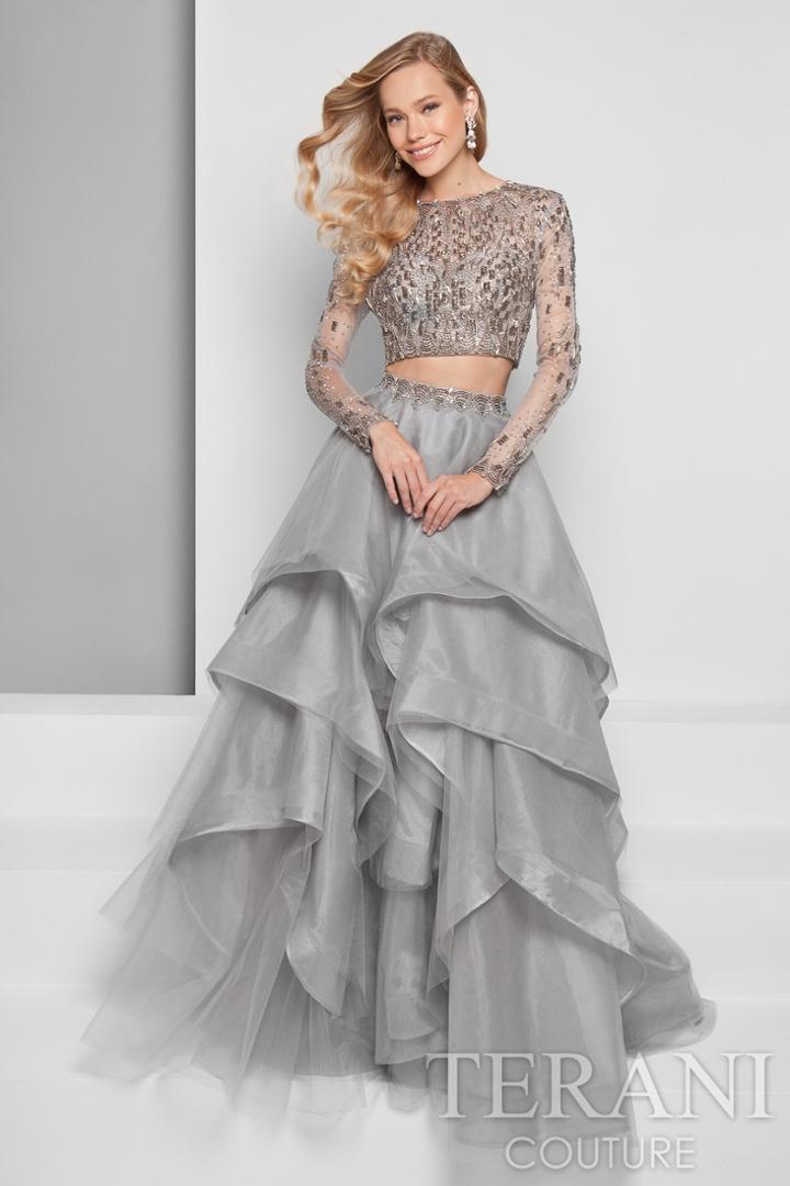 Terani Evening - Shimmering Beaded Crop Top Double Tiered Organza Skirt Evening Dress 1711e3214