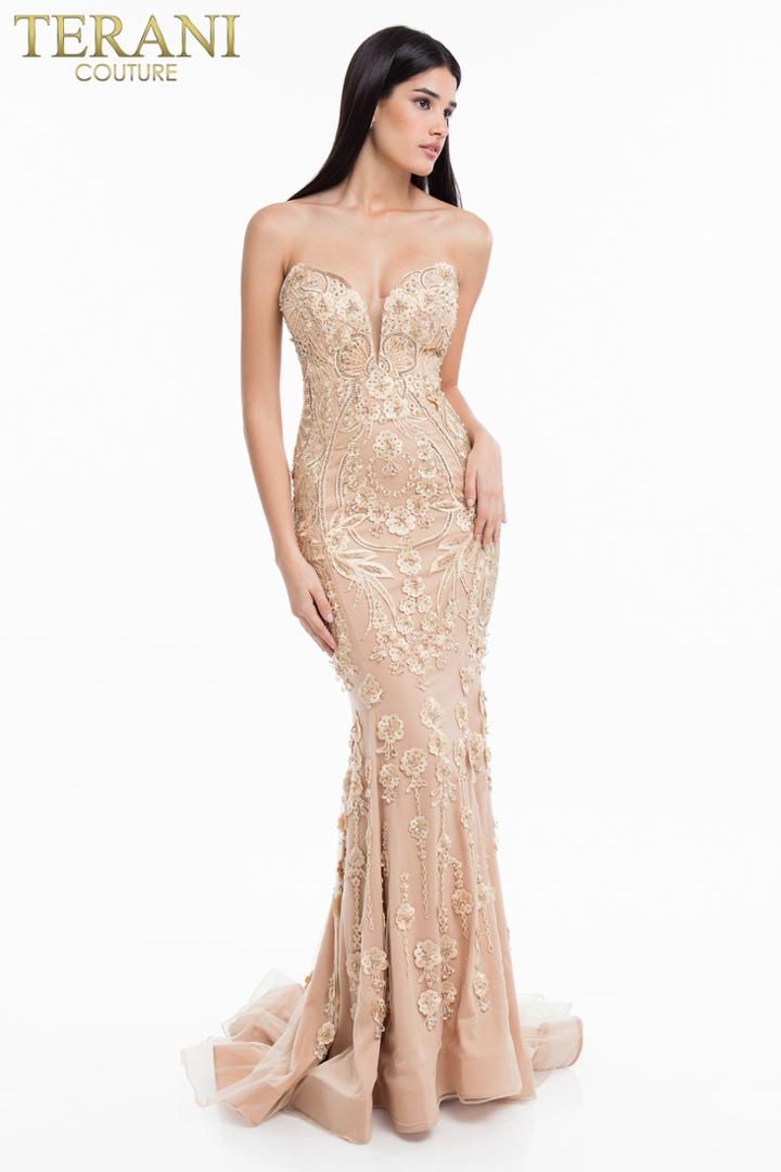 Terani Couture - 1822gl7514 Floral Applique Deep Sweetheart Dress