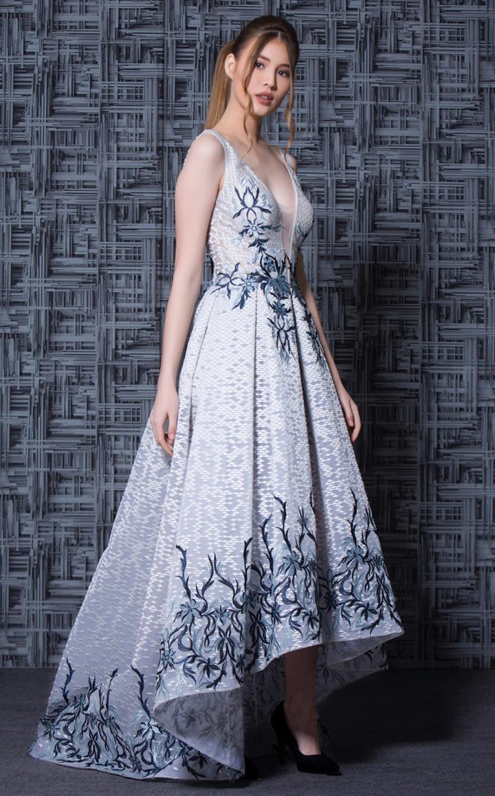 Mnm Couture - K3613 Embroidered Deep V-neck High Low Dress
