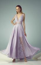Beside Couture - Bc1240 Ruched Plunging Lace Evening Gown