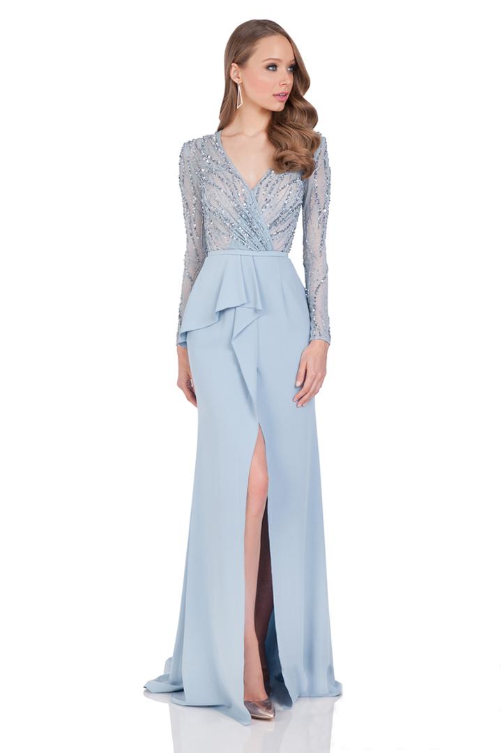 Terani Evening - Long Sleeve Wrap Trumpet Skirt Gown 1611m0635