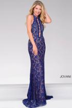 Jovani - High Neck Lace Beaded Halter Top Dress 45169