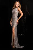 Scala - 48694 High Neck Sequins Prom Dress With Long Train