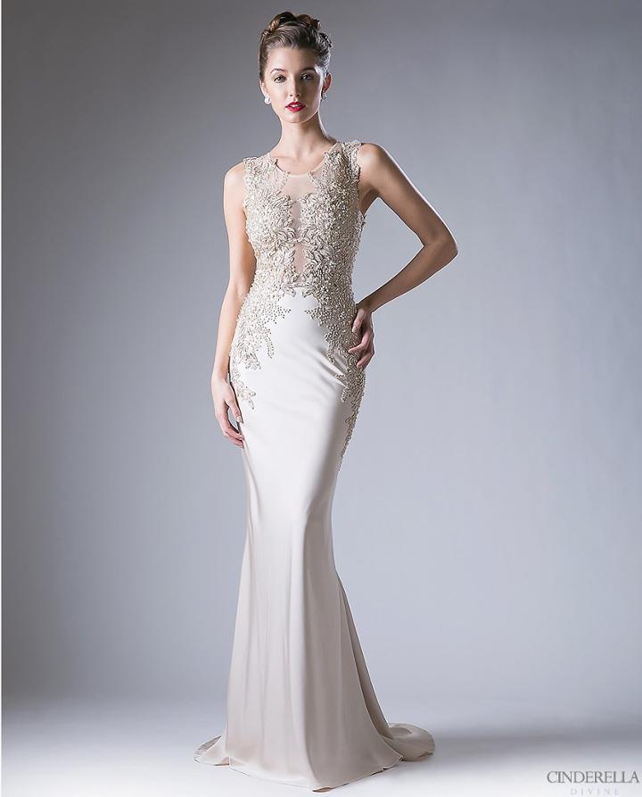 Cinderella Divine - Floral Applique Illusion Bateau Sheath Dress