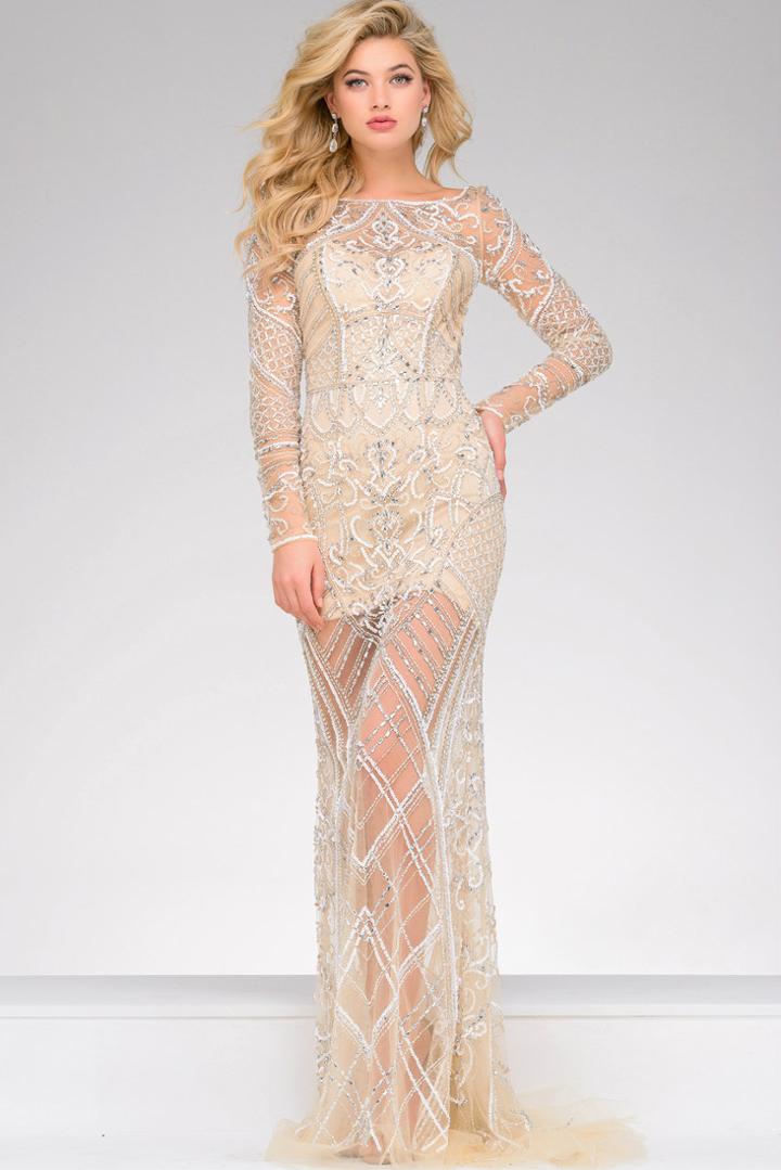 Jovani - 39193a Long-sleeved Sheer Beaded Long Dress