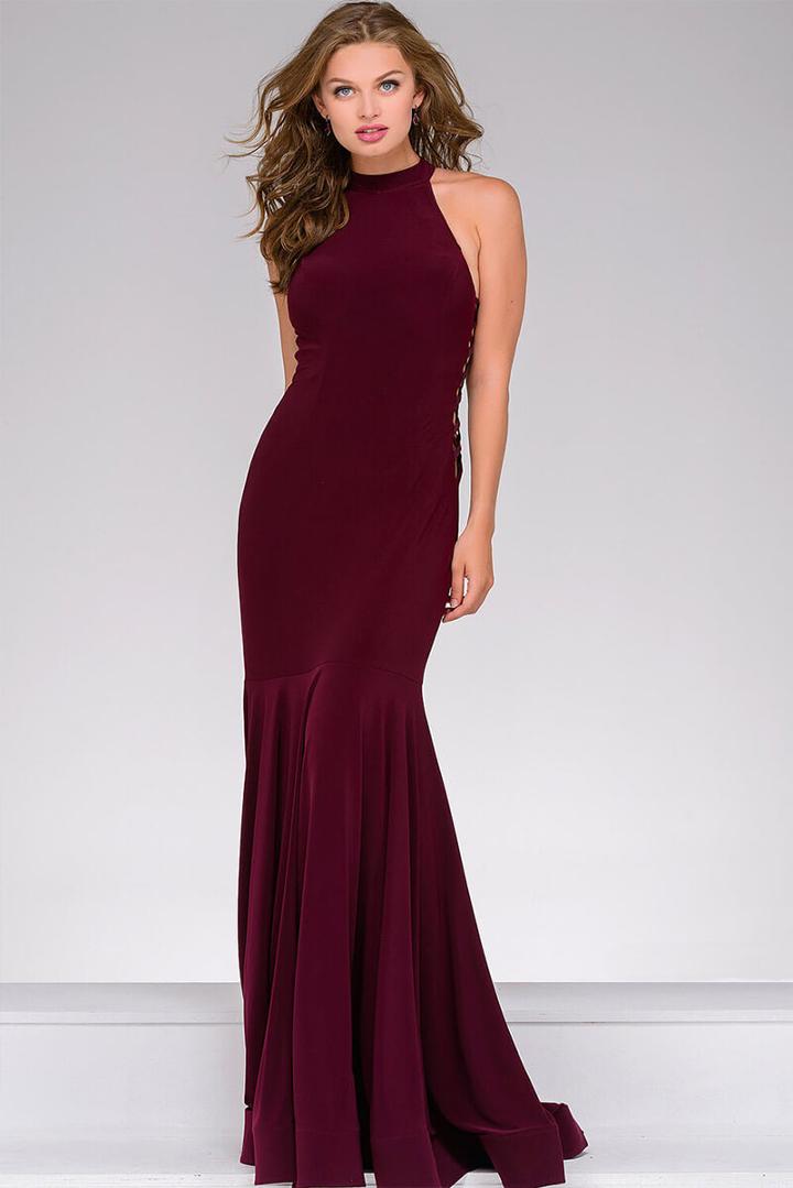 Jovani - Jvn50487 High Halter Laced Up Sides Jersey Gown