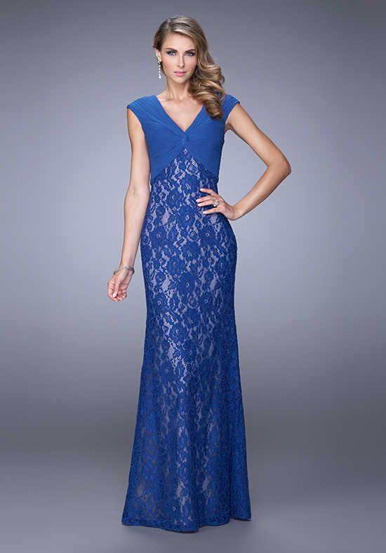 La Femme - 21681 Ruched V Neck Lace Cap Sleeves Sheath Long Gown