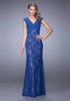 La Femme - 21681 Ruched V Neck Lace Cap Sleeves Sheath Long Gown