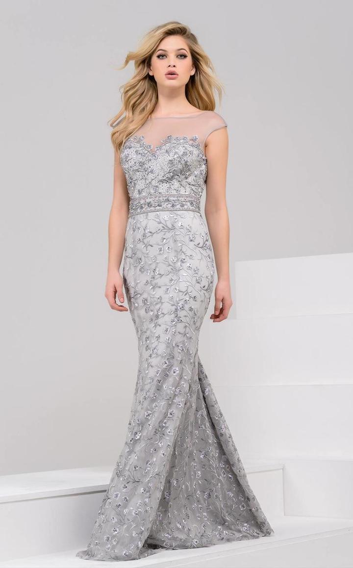 Jovani - 49960 Sheer Neckline And V-back Embroidered Dress