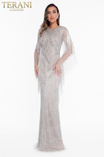 Terani Couture - 1821gl7441 Crystal Fringe Lon Sleeve Fitted Gown