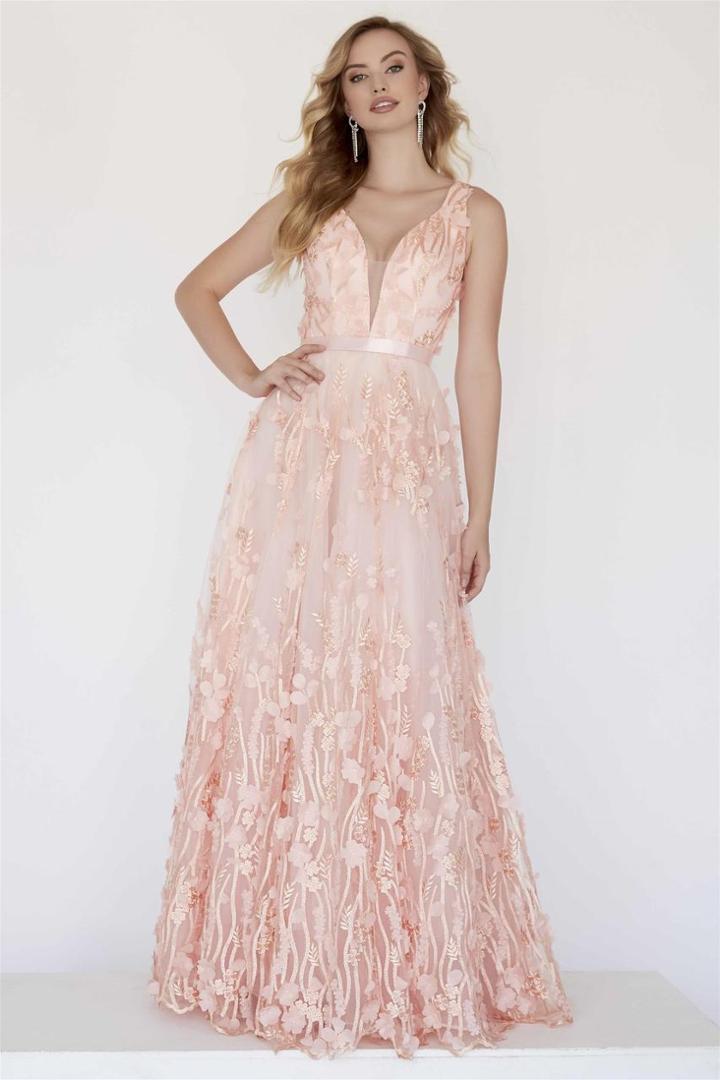 Jolene Collection - 18326 Deep V-neck Floral A-line Gown