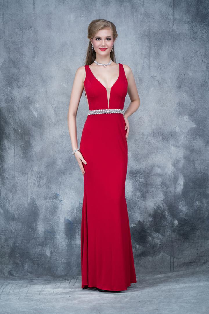 Nina Canacci - 2124 Plunging Adorned Waist Sleeveless Gown