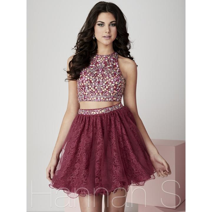 Hannah S - Two-piece Rhinestone-accented Scoop Neck Lace/tulle Dress 27015