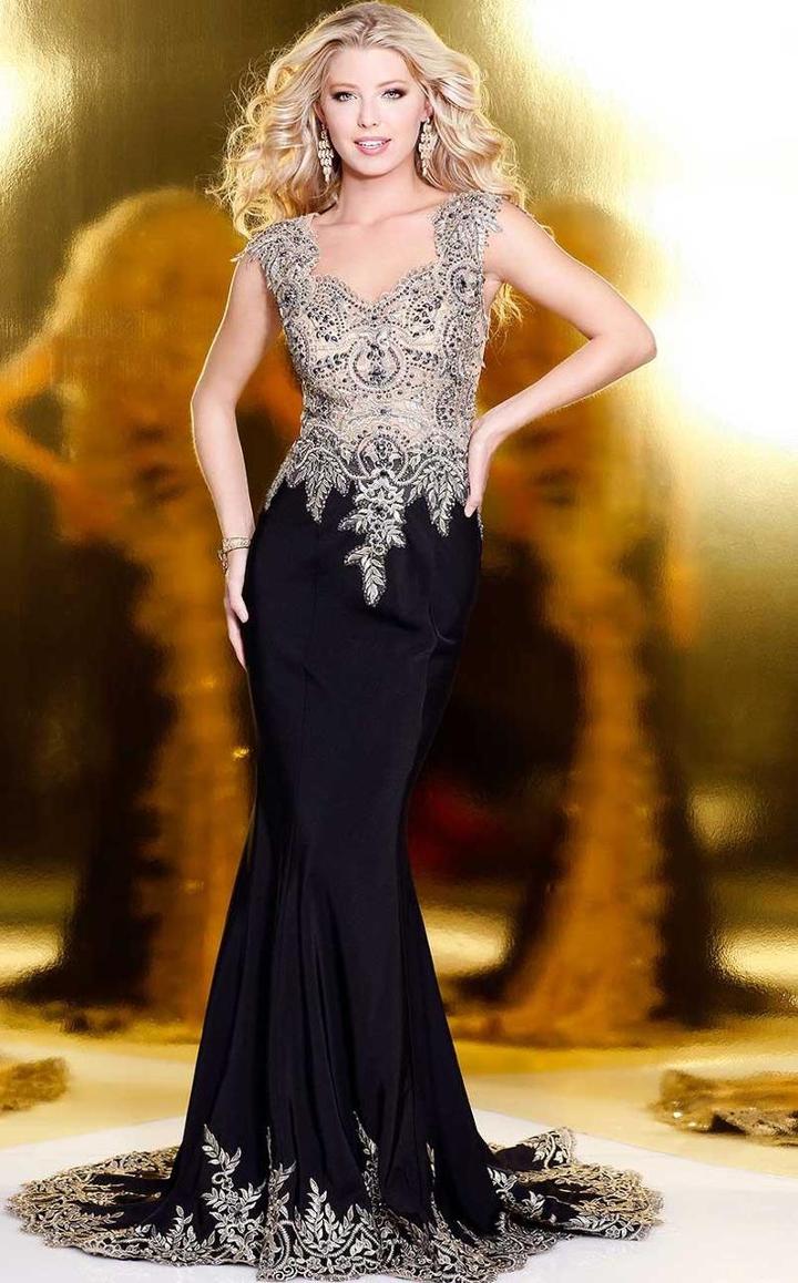 Shail K - Stunning Sleeveless Gown With Gold Appliques 4094