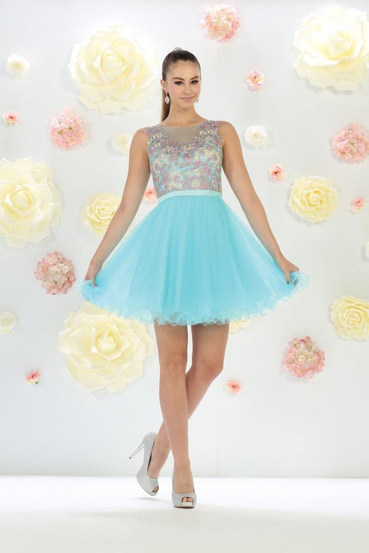 May Queen - Mq-1480 Multi-colored Sheer Bateau A-line Dress