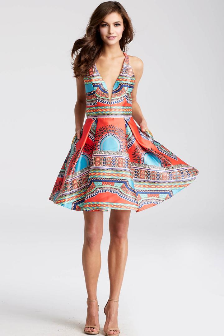 Jovani - Jvn57121 Deep V-neckline Printed Short Dress