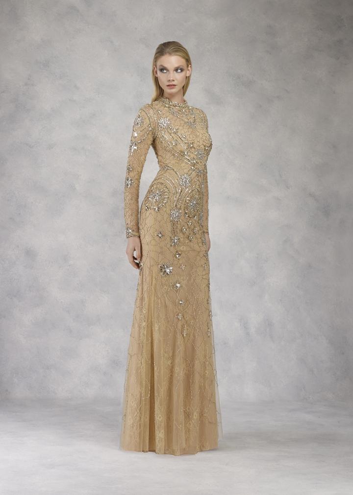 Janique - W17010 Fully Embellished Caped Evening Gown