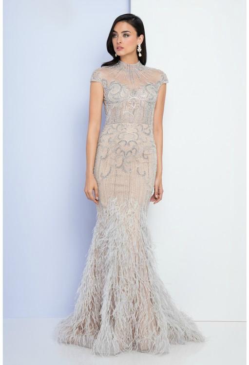 Terani Evening - 1721gl4446 Feathered High Neck Mermaid Dress