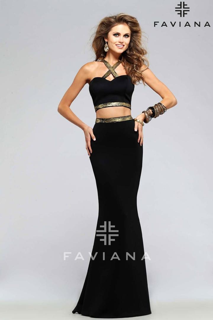 Faviana - Luscious Two Piece Black Neoprene Dress With Gold Bands 7736-1