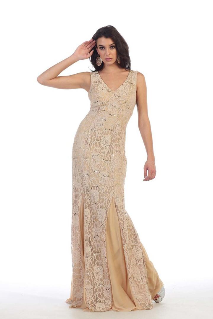 May Queen - Mq1448 Lace Embellished V-neck Sheath Dress