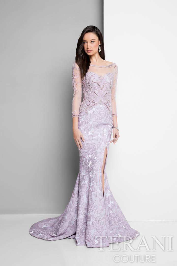 Terani Evening - Mermerizing Long-sleeve Beaded Floral Printed Mermaid Gown 1713m3499.