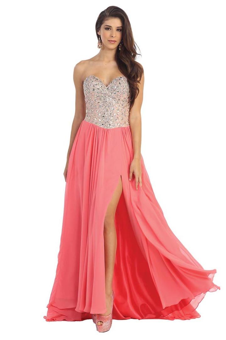 Strapless Embellished Long Chiffon Dress.