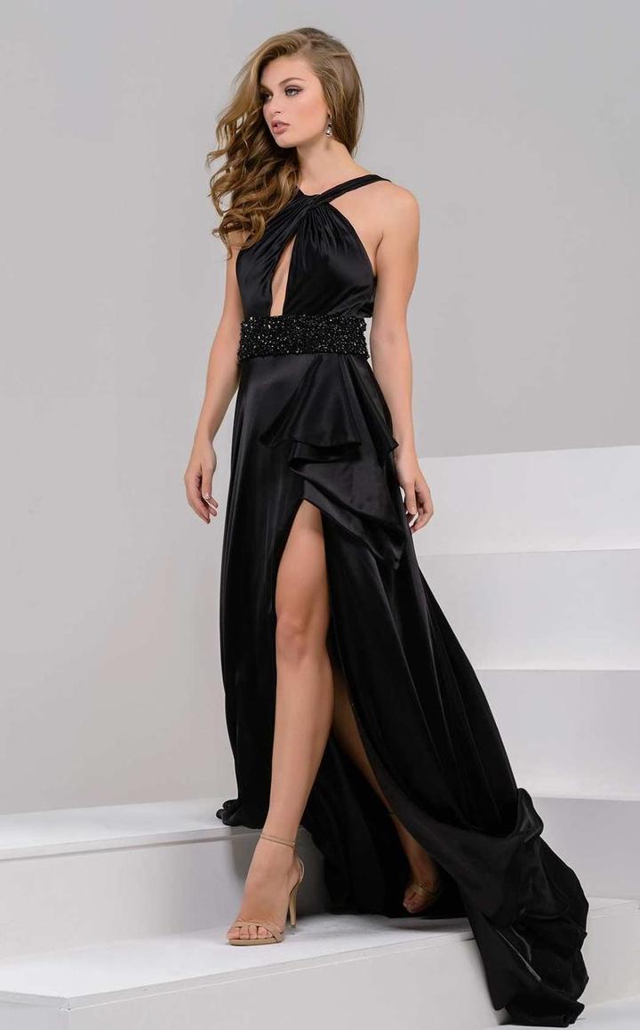 Jovani - 48085 Halter Neck High Slit Satin Evening Gown