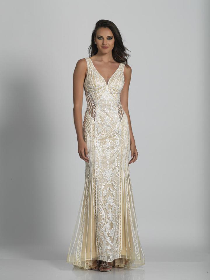 Dave & Johnny - A6364 Plunging V-neck Embroidered Sheath Gown