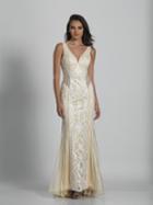 Dave & Johnny - A6364 Plunging V-neck Embroidered Sheath Gown