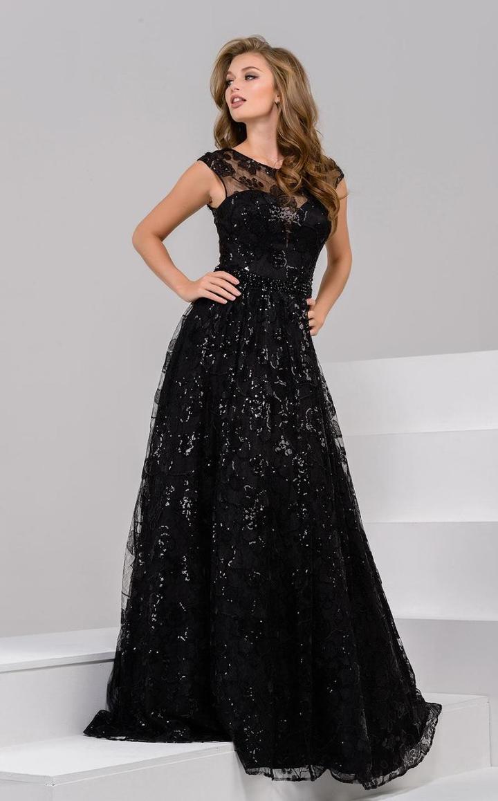 Jovani - 39729 Beaded Jewel Cap Sleeves Long Gown