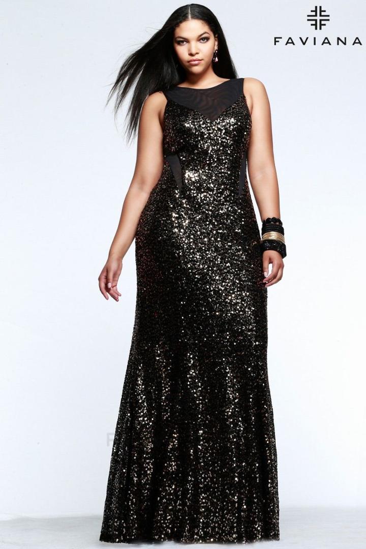 Faviana - 9357 Plus Size Sequin Prom Dress With Mesh V-neck And Illusion Cut-outs