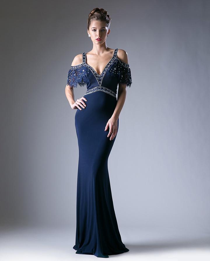 Cinderella Divine - Beaded Cold Shoulder Sheath Gown