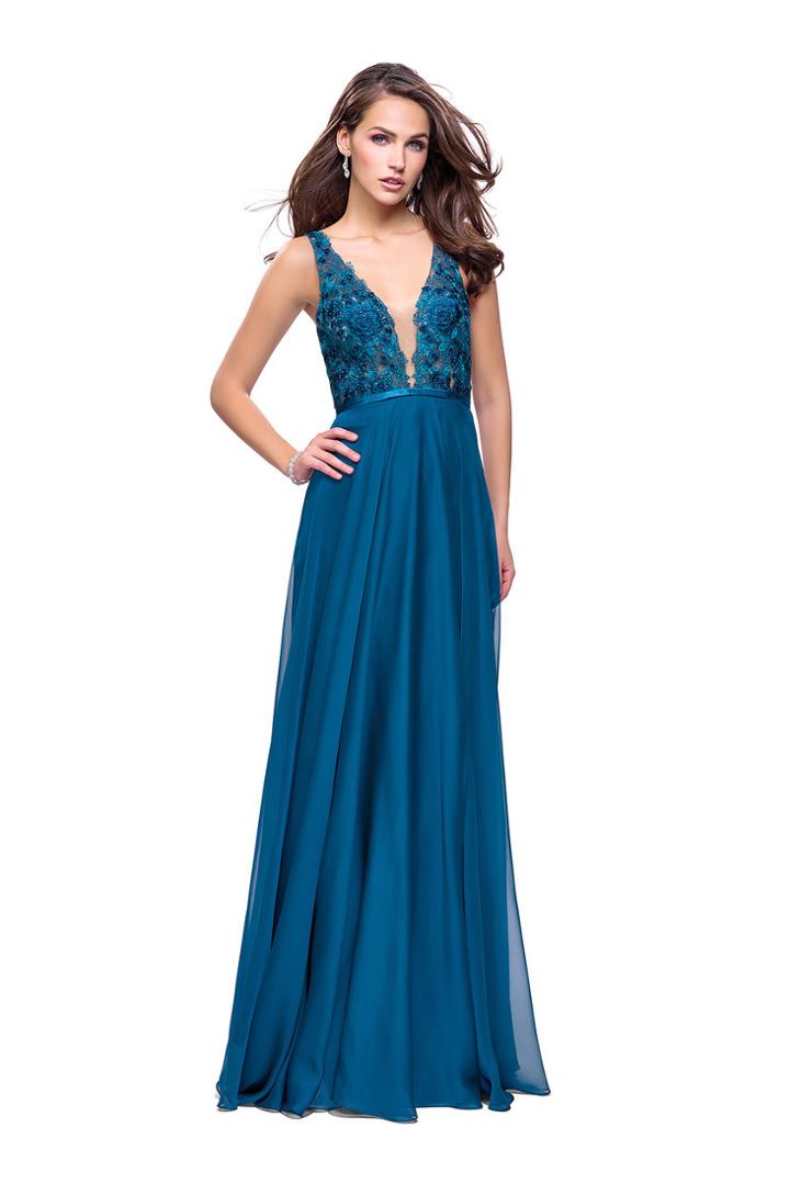 La Femme Gigi - 26061 Lace Deep V-neck Chiffon A-line Gown
