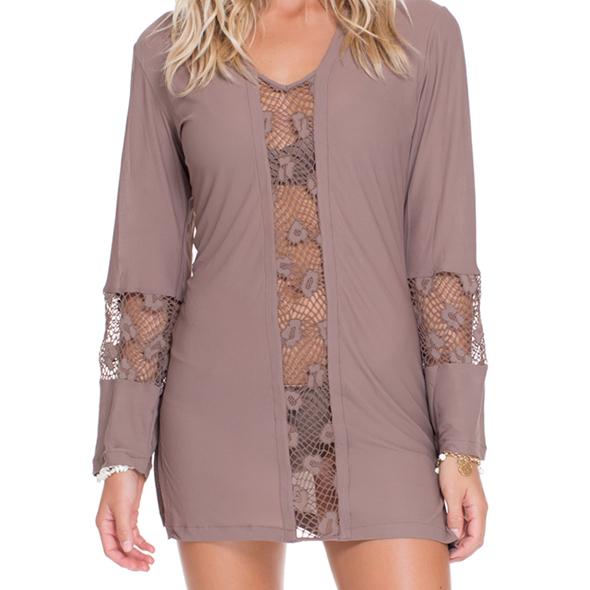 Luli Fama - Crochet Cutout Plunge V-neck Dress In Sandy Toes (l503965)