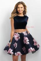 Blush - Two-piece Floral Jewel Neck Velvet A-line Dress 11179