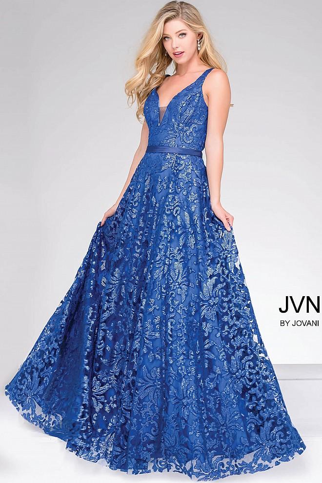 Jovani - Blue Embellished Lace Prom Ballgown Jvn50320