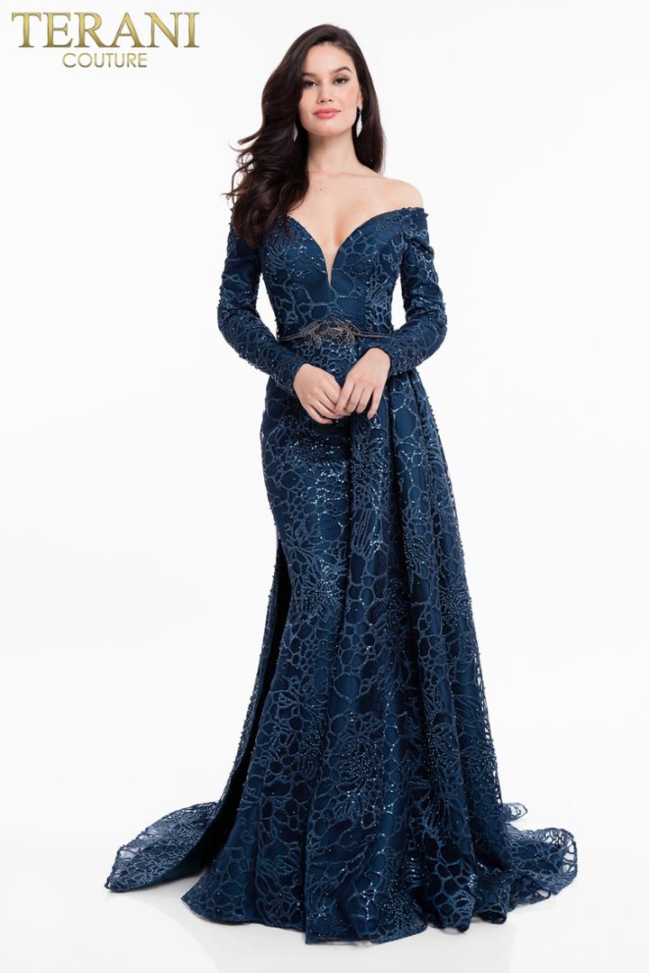 Terani Couture - 1821m7587 Long Sleeve Off Shoulder Overskirt Gown