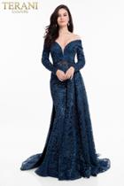 Terani Couture - 1821m7587 Long Sleeve Off Shoulder Overskirt Gown