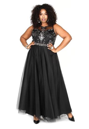 Kurves By Kimi - Bejeweled Illusion Neck A-line Dress 71169