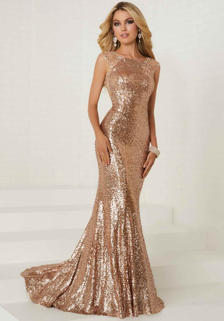 Tiffany Designs - 16292 Sequined Bateau Neck Trumpet Dress
