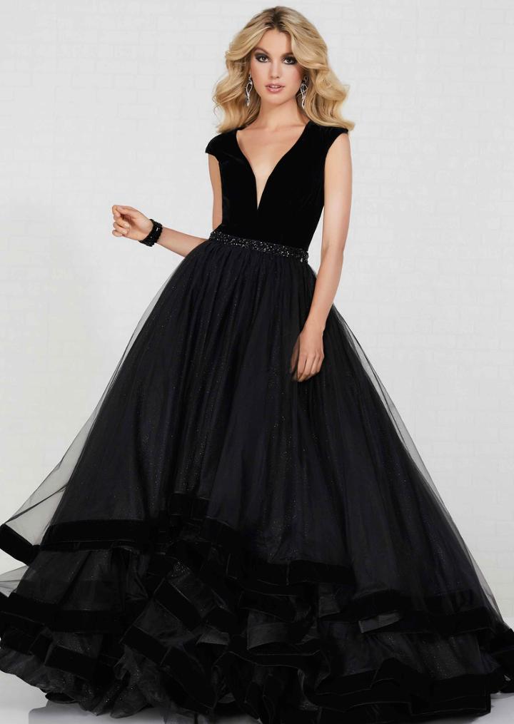 Tiffany Homecoming - 46111 Plunging V-neck Velvet Tulle Ballgown