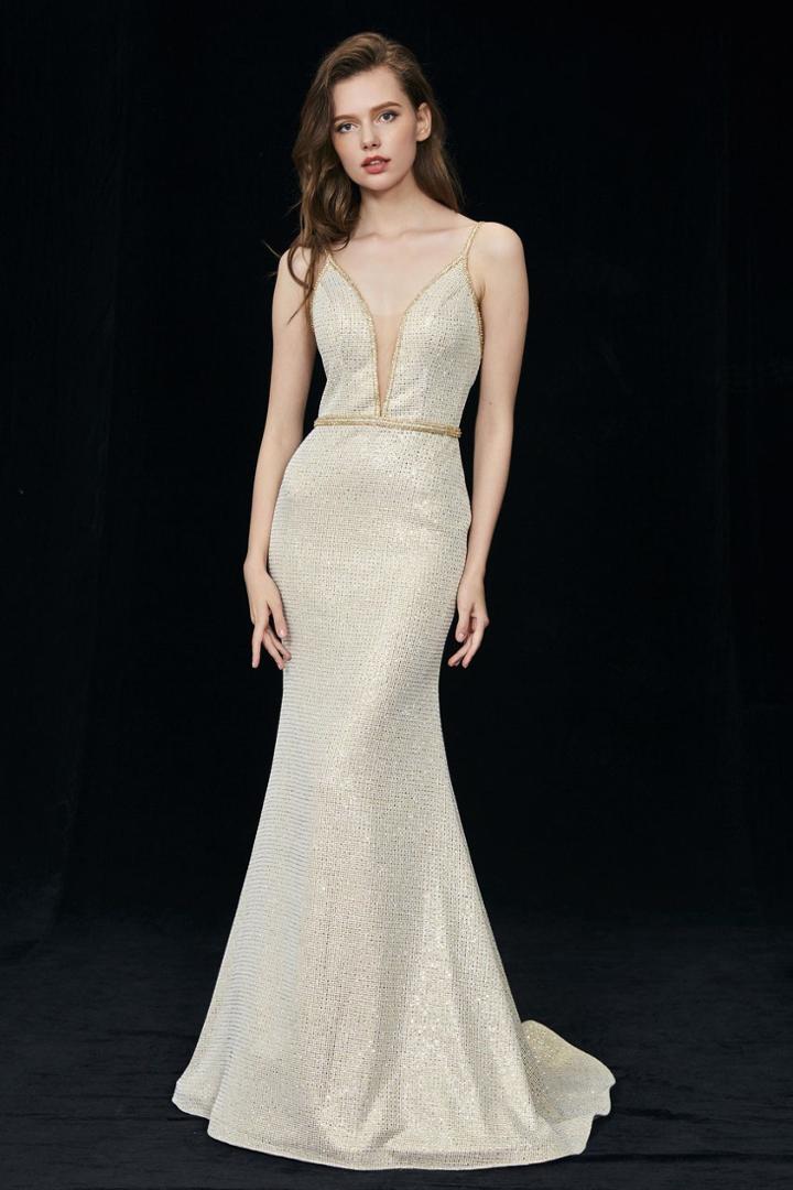 Angela And Alison - 81086 Embellished Deep V-neck Trumpet Dress