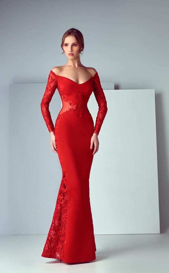 Saiid Kobeisy - 3188 Long Sleeve Scroll Embroidered Gown
