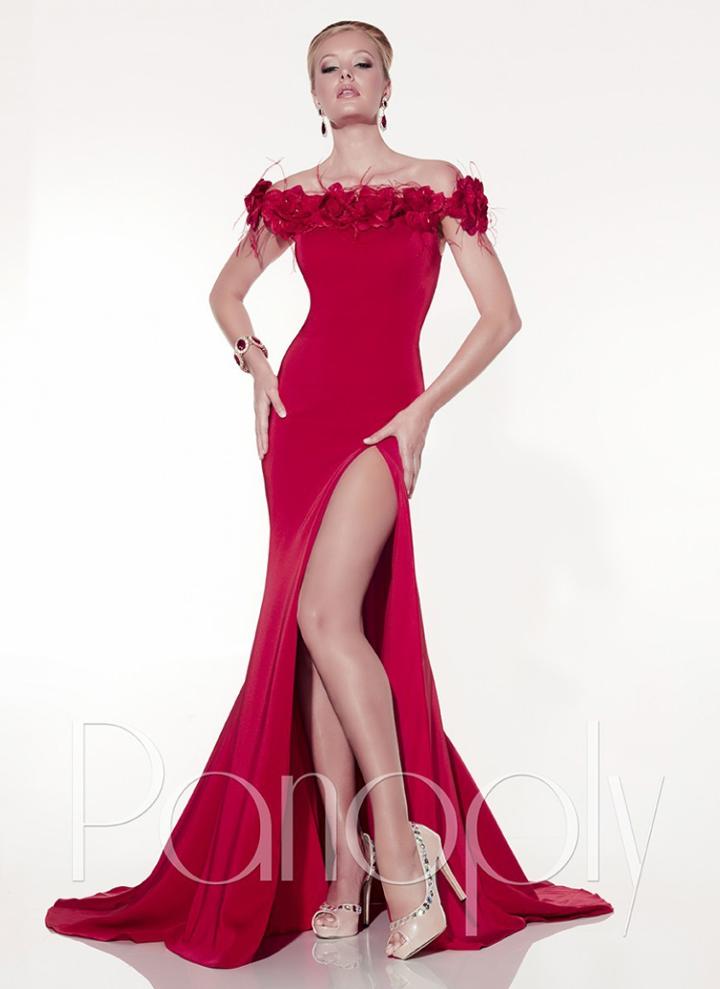 Panoply - Floral Off-the-shoulder With High Slit Trumpet Dress 44296