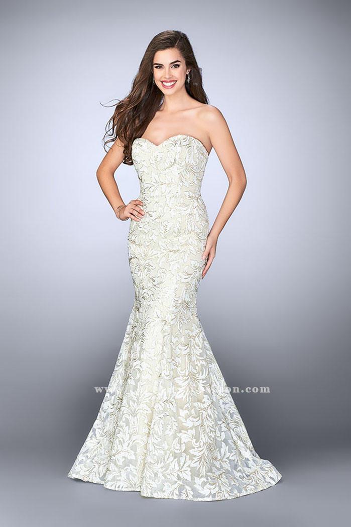 La Femme - Strapless Sweetheart White And Gold Lace Mermaid Gown 23840