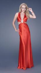 La Femme - Brooch-embellished Plunging V-neck Satin A-line Gown 15037