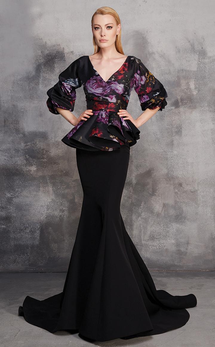 Mnm Couture - N0186 Floral Ruffled Peplum Mermaid Gown
