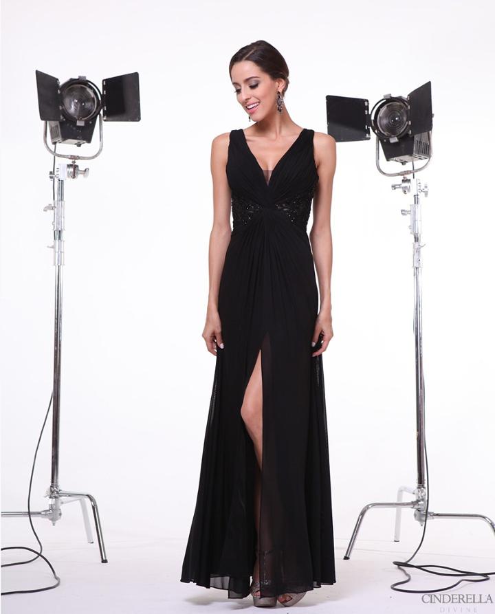 Cinderella Divine - Bedazzled Plunging V-neck A-line Dress