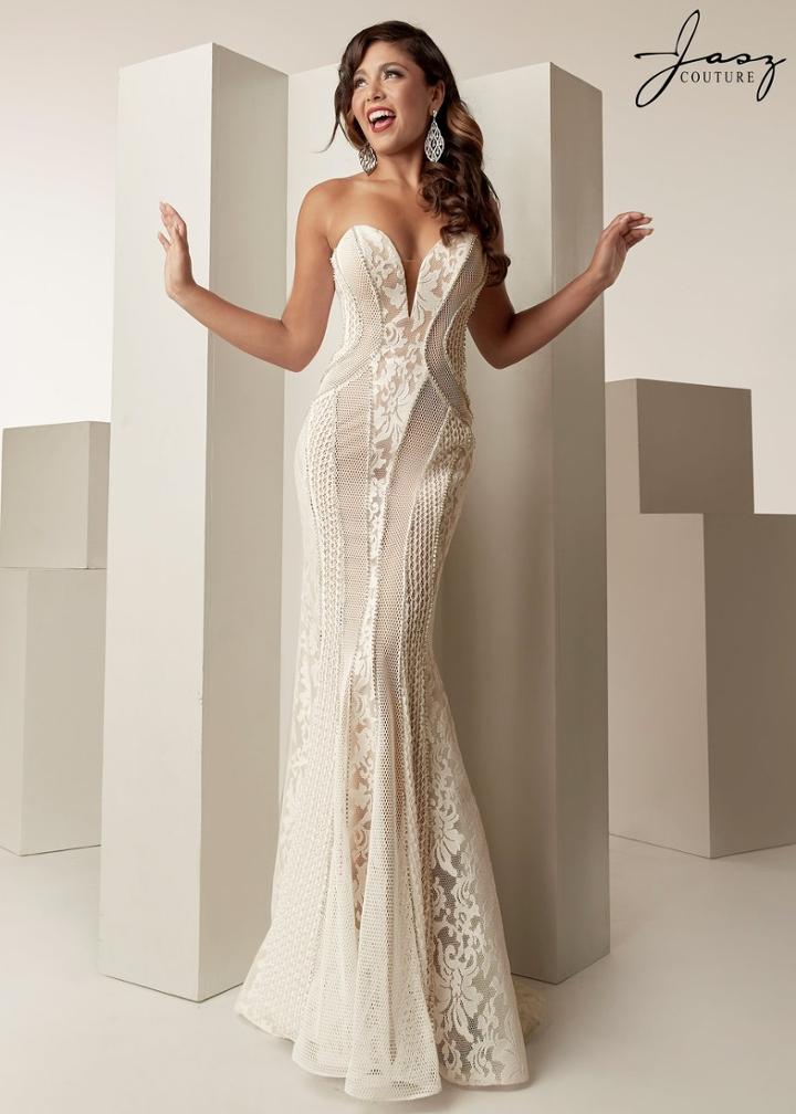 Jasz Couture - 6266 Beaded Lace Deep Sweetheart Sheath Dress